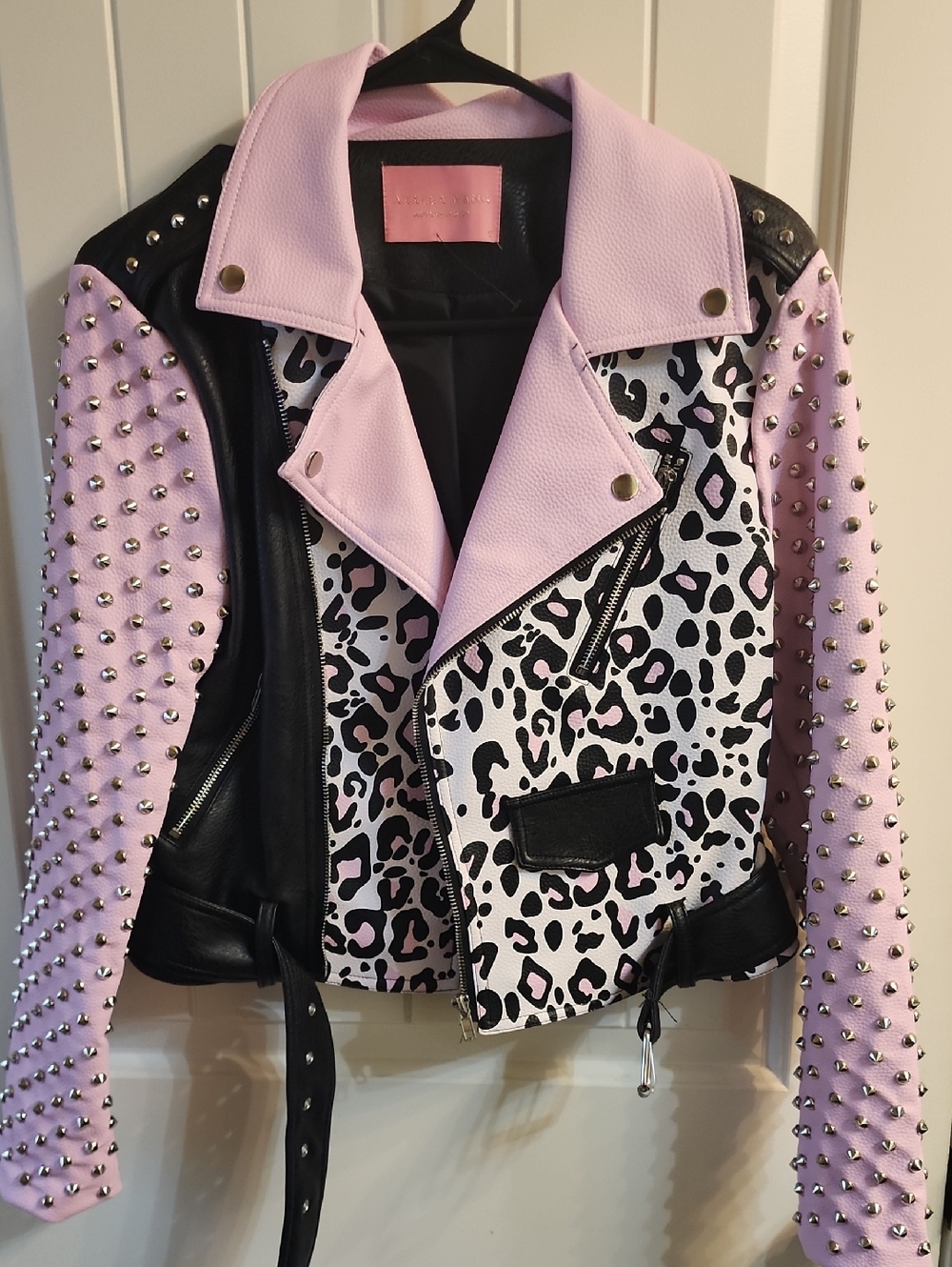 Pink & Black Leopard Studded Moto Jacket From Azalea Wang